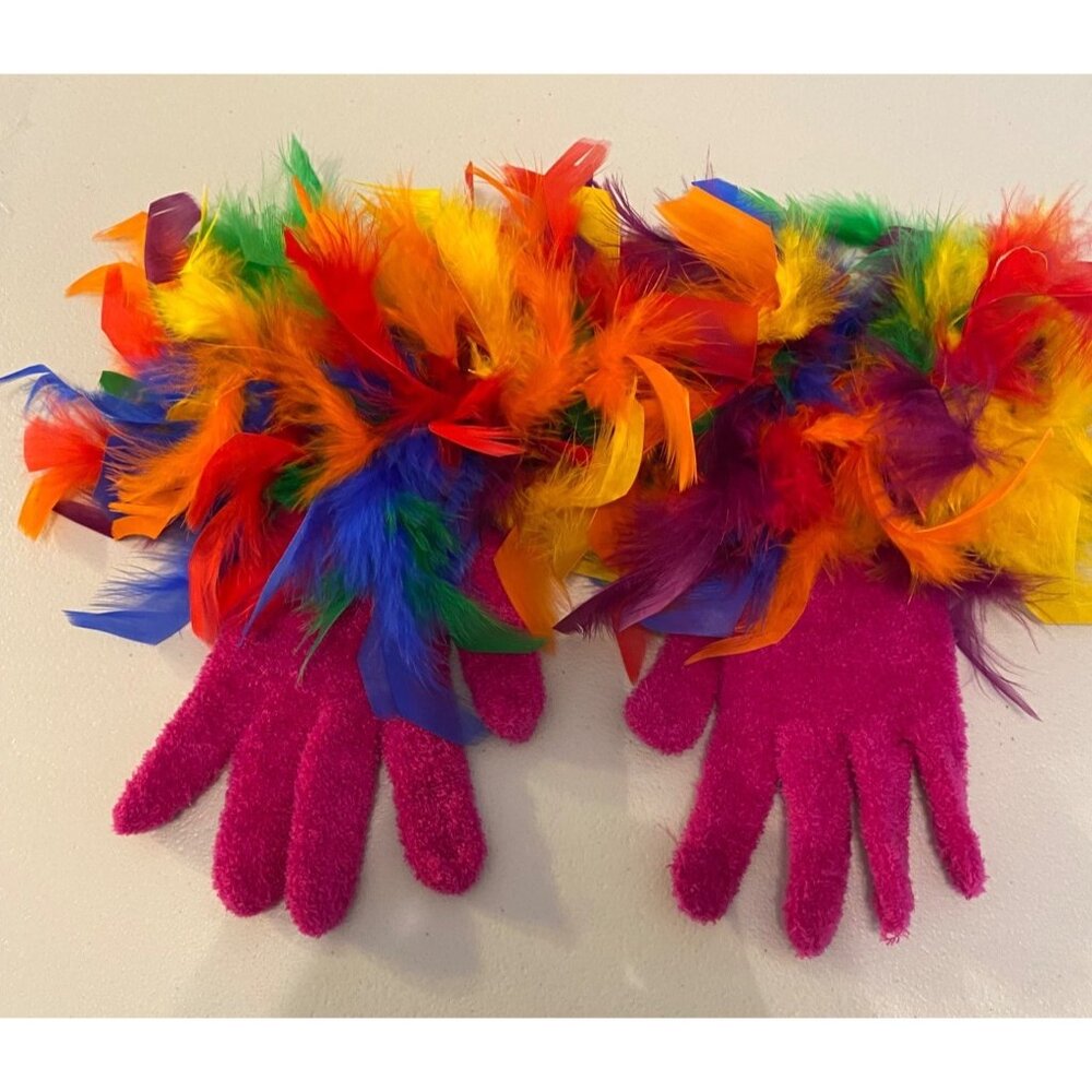 New Fun Fuchsia Multicolored Feathered Womens Gloves Handwoven